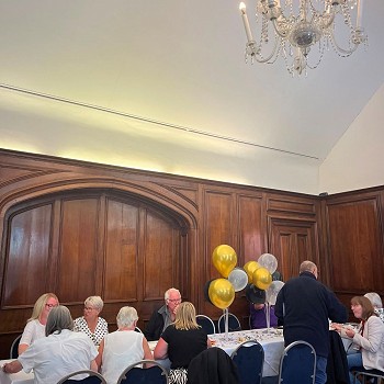 Volunteers eating a buffet